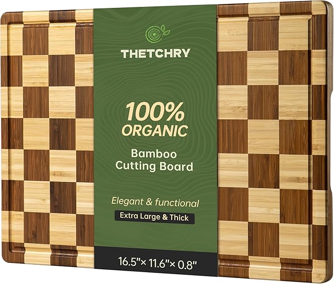 THETCHRY Bamboo Cutting Boards for Kitchen, Checkered Wooden Cutting Board