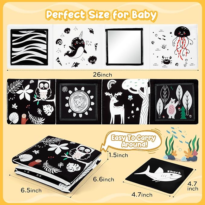 URMYWO Tummy Time Mirror Toys, High Contrast Black and White Baby Toys for Newborn, Baby Boy Girl Gifts, Visual Stimulation Learning Activity Cards, Soft Baby Book, Montessori Infant Toys 0-12 Months