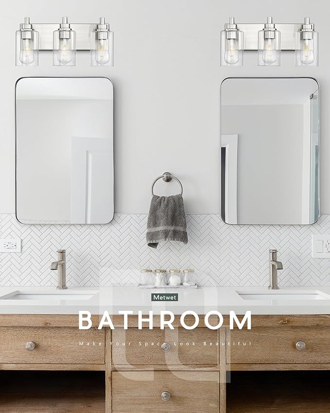 METWET 3-Light Bathroom Light Fixtures, Brushed Nickel Vanity Light