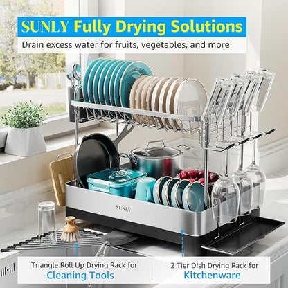 SUNLY 2 Tier Dish Drying Rack, Extra Large Dish Rack, 304 Stainless Steel