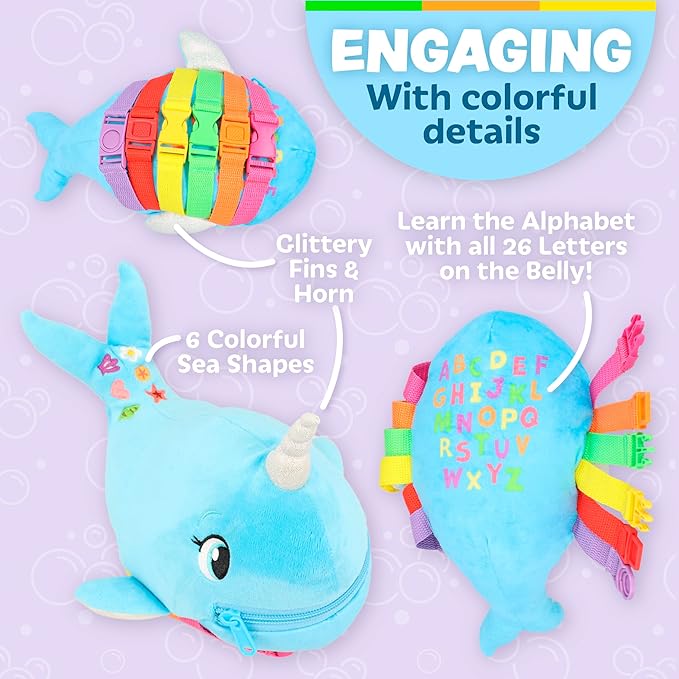 Buckle Toys - Bubbly Narwhal - Develop Fine Motor Skills - Sensory Learning Activity Toys - Toddler Plane Travel Essential