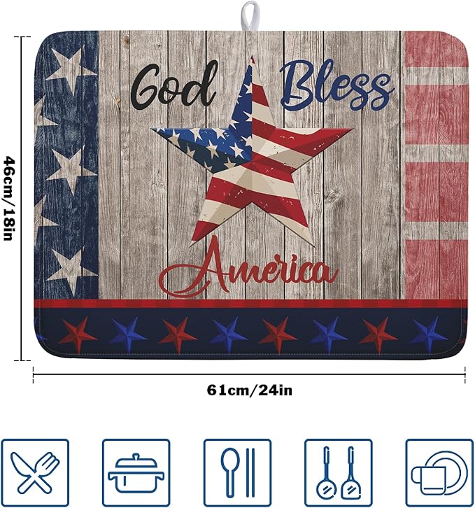 Kawani 4th of July Dish Drying Mat 18x24 Inch Patriotic God Bless America