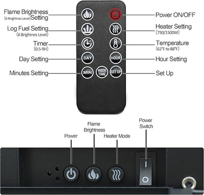 24.5" Electric Fireplace Inserts, Adjustable Brightness, Thermostat&Timer