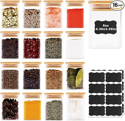 Glass Food Storage Jars Square 6oz, 16 Pack Glass Jars With Bamboo Lids, Kitchen Storage Containers For Spice, Candy, Cookie, Storage For Pantry Organizers