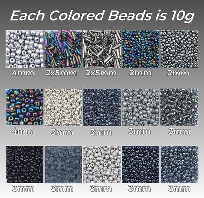 15 Color 4mm Small Assorted Glass Seed Beads,3mm Bugle Beads Friendship Bracelet Kit,2mm Tiny Tube Bead for Jewelry Making(Black)