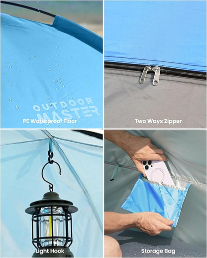 OutdoorMaster Beach Tent for 3/4 Person - Easy Setup Sun Shade Shelter, Portable Beach Shade Sun Canopy with UPF 50+ UV Protection, Removable Skylight Family Size