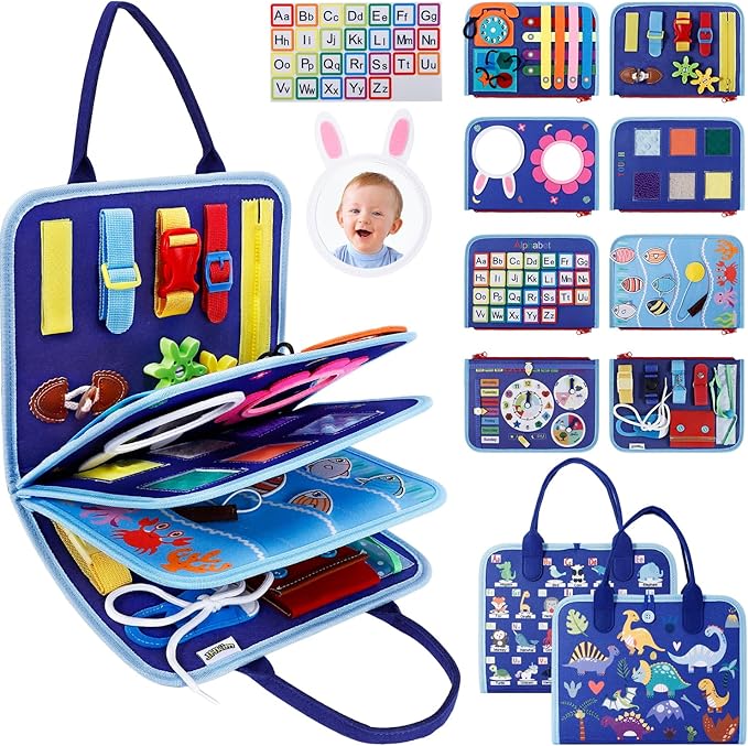 Busy Board Montessori Toys for 1 2 3 4 Year Old Boys Girls Gifts, Sensory Toy for Toddlers 1-3, Educational Activities Travel Toy for Airplane Car, Busy Book for Learning Fine Motor Skills,Blue