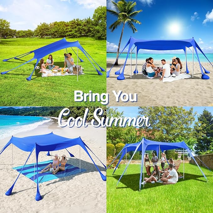 Rhino Valley Beach Tent Shade Canopy UPF50+ Protection, 8 Sandbags, 4 Stability Poles, Outdoor Sun Shelter Umbrella for Sand, Camping, Fishing Essentials