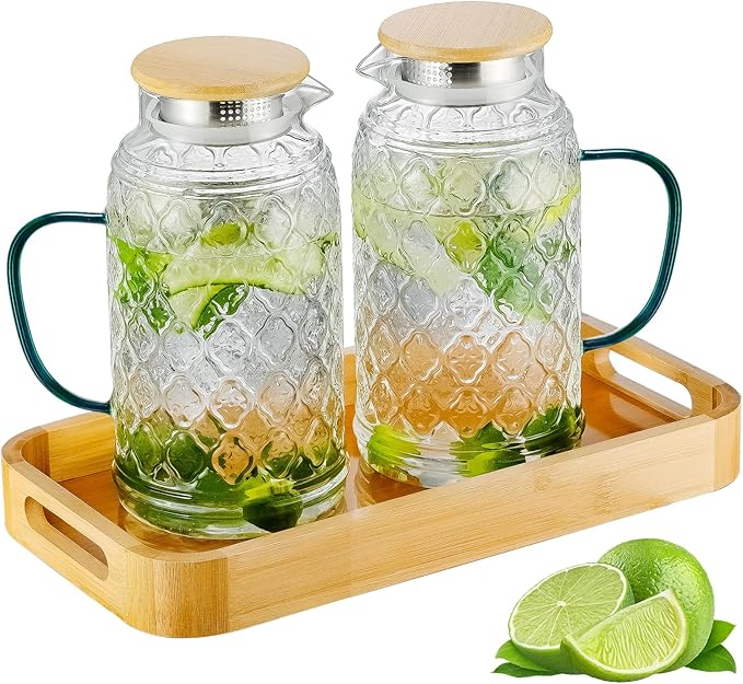 Buaic Glass Pitcher with Lid, 2 PACK 68 oz/2 Liter Vintage Water Pitcher With