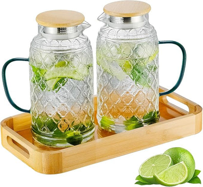 Buaic Glass Pitcher with Lid, 2 PACK 68 oz/2 Liter Vintage Water Pitcher With