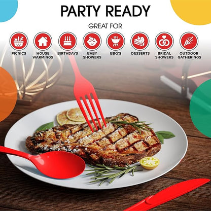 Party Solids Red Plastic Silverware Heavy Duty 150 Pieces Red Plastic Cutlery Sets, Utensil Sets, 50 Of Each Forks, Knives & Spoons Disposable Cutlery Set, Flatware Set For Party Supplies