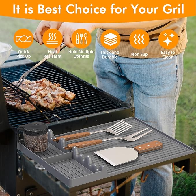 Griddle Mat Compatible with Blackstone, Silicone Grill Tools with Drip Pad, Spatula Mat for Outdoor Grill, Side Shelf Pad (Grey)
