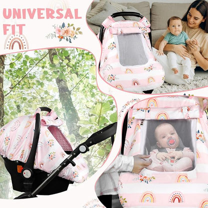 Pea Pod Car Seat Cover Baby, Infant Car Seat Canopy Covers for Newborn with 2 Layers Windows of Breathable Mesh Fabric, Lightweight Polyester/Soft Minky Dot Backing (Floral & Rainbow)