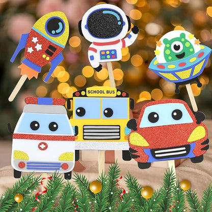VKPI Make 6 Popstick Puppets Craft Kit for Kids, Foam Art Crafts Gift, Story Time Toys for Ages 4+ Toddler, Cars, Astronaut, Rocket, Spacecraft, Preschool Projects Game Craft, Birthday Party Favor