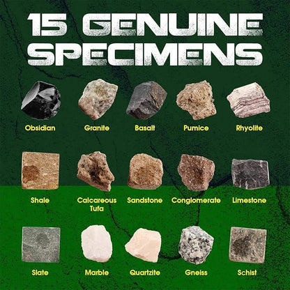 XXTOYS Rock & Stone Collection 15 PCS with Collector Box, STEM Toy Science Kit Geology Mineral Specimens Gift Presents for Kid Geologists