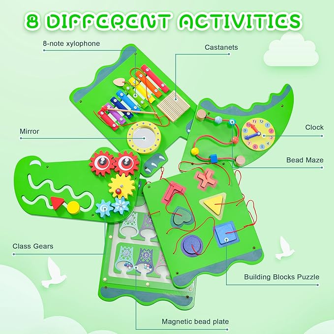 Crocodile Sensory Toys Activity Wall Panels - Montessori Busy Board, Toddler Learning Panel, Wall-Mounted Playroom/Daycare Educational Toys, Interactive Wooden Gift for Kids 3-6, Green
