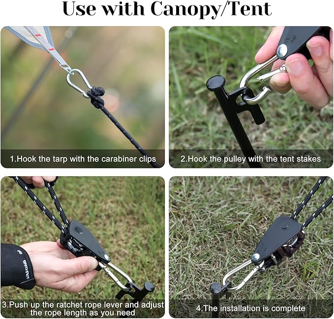 CONBOLA Suction Cups Hooks with 1/8" Adjustable Grow Light Hangers 13 ft with Reinforced Metal,Heavy Duty Ratcheting Pulley System for Camping Gardening and Various Tie-Down Uses.(4-Pack Set)