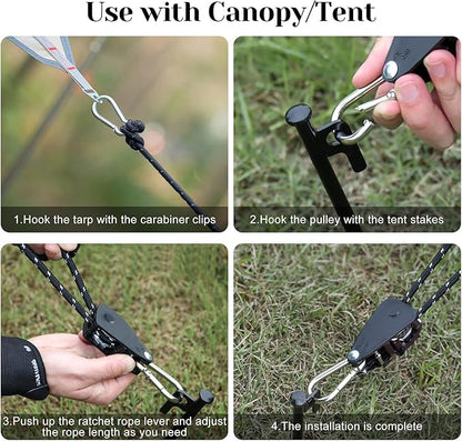 CONBOLA Suction Cups Hooks with 1/8" Adjustable Grow Light Hangers 13 ft with Reinforced Metal,Heavy Duty Ratcheting Pulley System for Camping Gardening and Various Tie-Down Uses.(4-Pack Set)