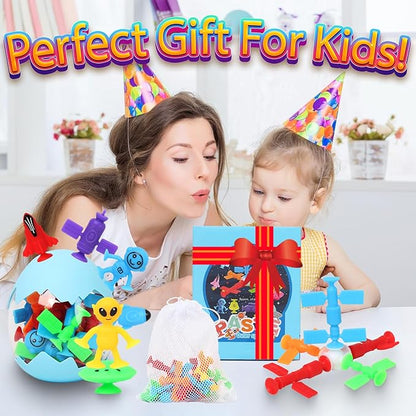 Suction Bath Toys for Kids, 20 Pcs No Hole Outer Space Bath Toy with Eggshell & Bag, Silicone Suction Cup Toys, Sensory Window Building Toys for Toddlers Boys Girls 3 4 5 6 Year Old