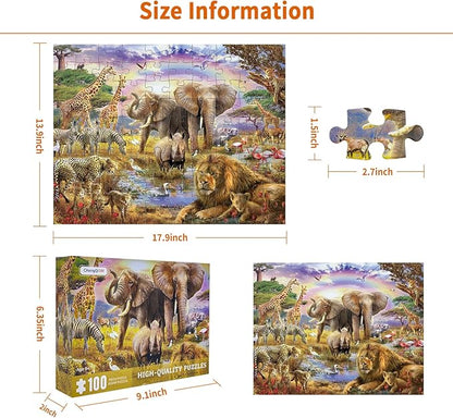 100 Piece Puzzles for Kids, African Animal 100 Piece Puzzles for Adults, Animal World Puzzle Jungle Scene Puzzle, Jigsaw Puzzles 100 Pieces for Seniors Teens Kids Ages 6-10 Brain Teaser