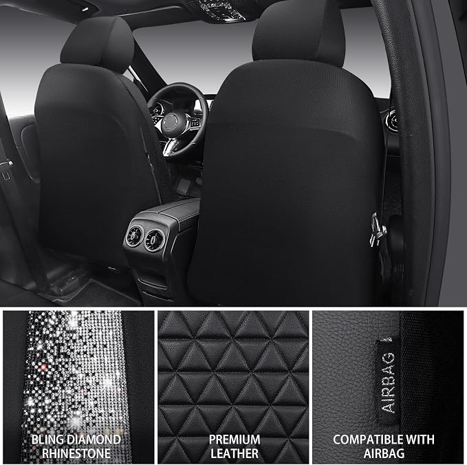 CAR PASS Bling Diamond Leather Car Seat Covers Full Seats Interior Sets, Waterproof Shining Glitter Sparkly Crystal Universal Armrest Fit Automotive Truck SUV Cute Women Girl, Black Silver Rhinestone