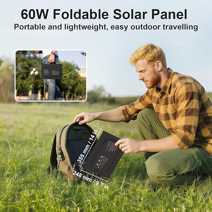 60W Portable Solar Panels Charger with USB-C, USB-A and DC Outputs Foldable IP67 Waterproof Solar Panel for Camping Hiking, Power Emergency for Small Power Station Generator, Phones, Power Bank