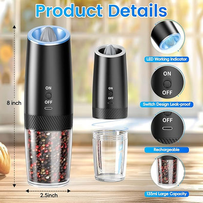 MealHelper Rechargeable Gravity Electric Salt and Pepper Grinder Set