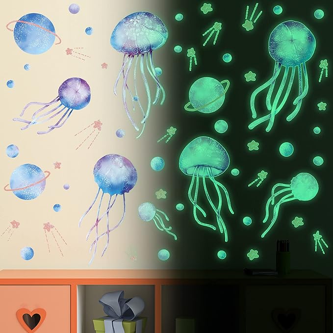 Starry Sky Jellyfish Wall Sticker Glow in The Dark Wall Stickers Stars Fluorescent Green Luminous Wall Decals DIY Peel Stick Art Decor for Walls Ceiling Kids Bedroom Living Room Nursery Girls and Boys(Green)