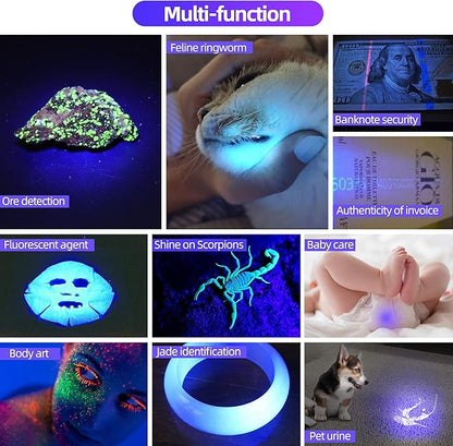 DARKDAWN UV Flashlight 365nm, LED Blacklight Flashlight, USB Rechargeable flashlights, Powerful Fluorescent Portable Mini Detector for Pet Urine Stains, Uranium Glass, Money, Resin Curing, 2 Pack