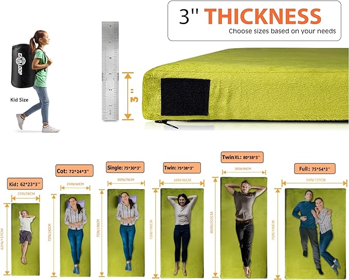 3 Inch GAIALOOP Thick Memory Foam Camping Mattress Sleeping Pad [Car/Tent/Cot] Glamping Portable Floor Mat Roll Up Futon Mattress for Guests Sleepover