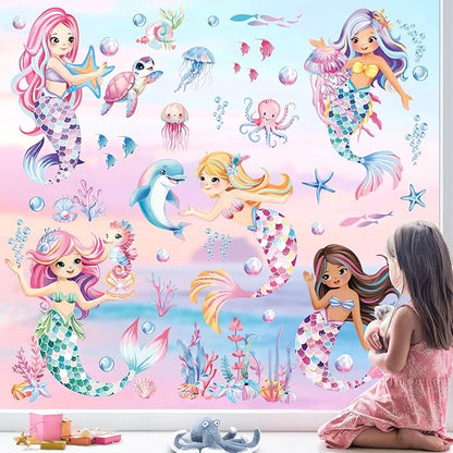 decalmile Under The Sea Mermaid Double Sided Window Clings Ocean Animal Whale Turtle Jellyfish Anti-Collision Glass Doors Window Stickers Decals