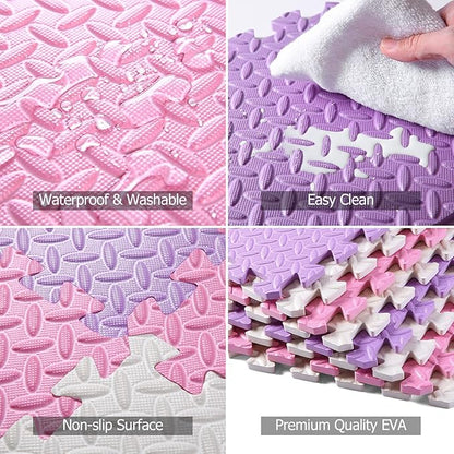 Foam Floor Mats for Kids, 12 x 12 Inch 16 Tiles 0.4" Thickness Foam Play Mat, Non-Toxic Square Interlocking Floor Mats Rubber Baby Play Mat for Toddlers(White/Pink/Purple)