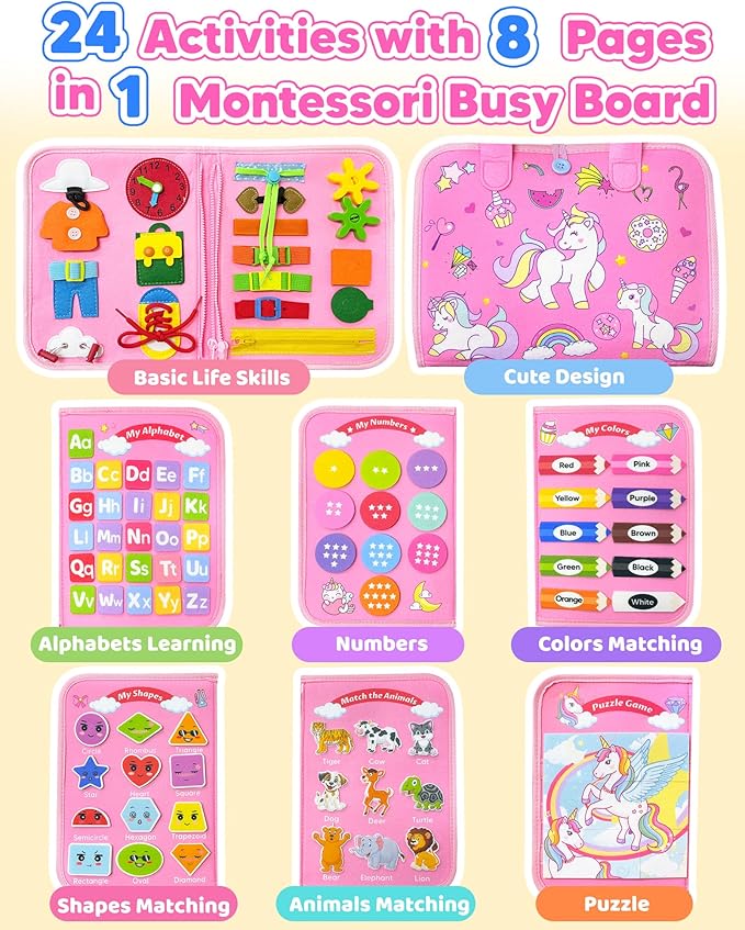 Busy Board Montessori Toys for Toddler Girl Birthday Gifts, Busy Book Sensory Learning Toys for Toddlers, Educational Activities Airplane Car Travel Toy for Girls