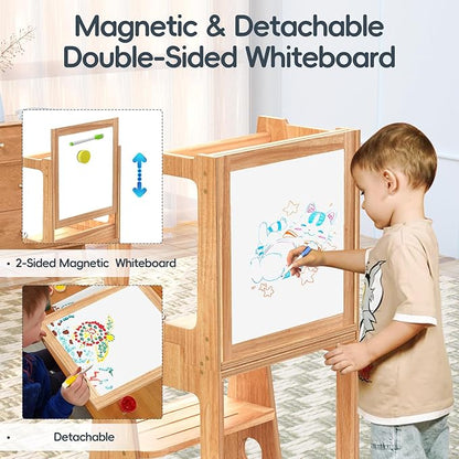 4 in 1 Kids Toddler Kitchen Stool Helper with Double-Sided Whiteboard, Wooden Toddler Learning Standing Tower, Non-Skid Feet Children Step Stool for Kitchen Counter, Bathroom Sink, Adult Use