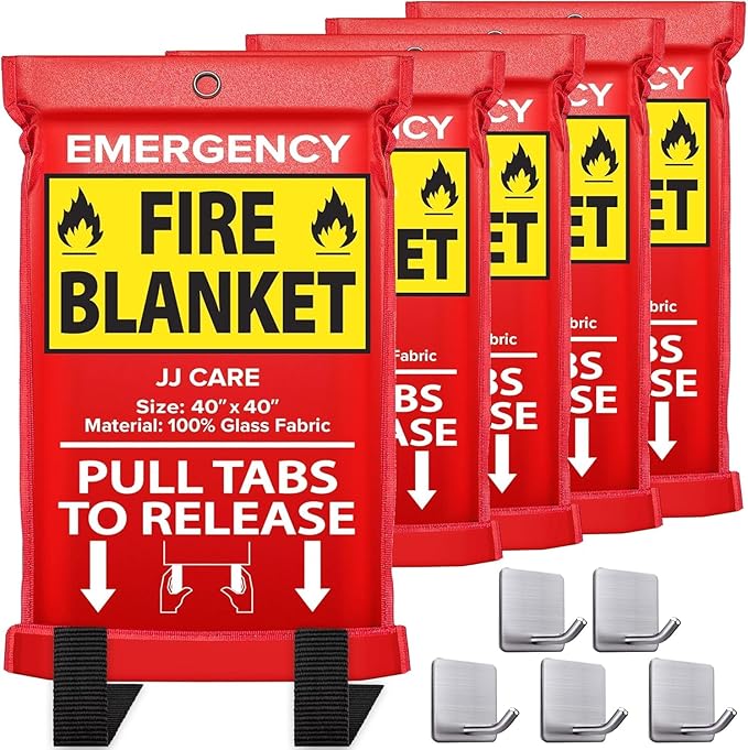 JJ CARE Fire Blanket ??5 Packs with Hooks ??40??x 40??Fire Blankets Emergency for Home and Kitchen, High Heat Resistant and Flame Protection for Kitchen, Car, Office, Camping & Home Safety