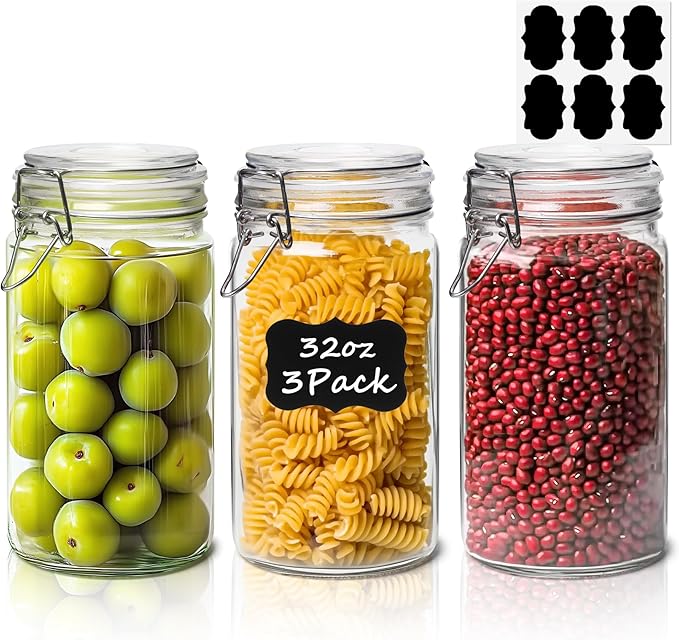 ComSaf Glass Jars with Airtight Lid Set of 3, Mason Jars 32 oz, Pickling Jar, Canning Jar 32oz, 32 oz Glass Containers with Lids for Kitchen, Pickle, Flour, Cereal, Pasta, Sugar, Herb