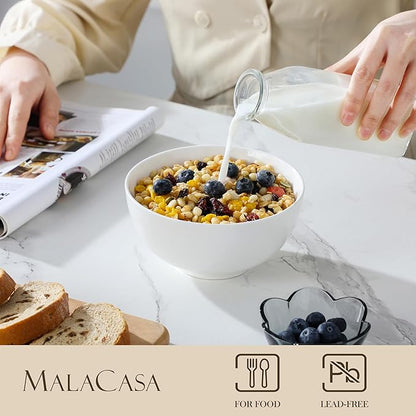 MALACASA 26 oz Porcelain Soup Bowls, White Ceramic Cereal Bowls for Kitchen 6 inch Bowls Set of 6 for Oatmeal Salad Fruit Rice Dishwasher and Microwave Safe, Series Regular