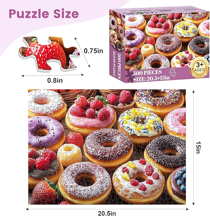 500 Piece Puzzle for Adults, Donut Jigsaw Puzzles, Youths Favorite Foods Puzzles 500 Pieces, Birthday and Barious Holiday Party for Family Kids and Adults, Funny Puzzle, 20.5x15 in