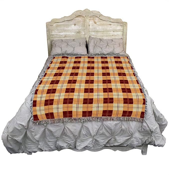 Pure Country Weavers Plaid Blanket Mango Orange Yellow - Patterns Gift Tapestry Throw Woven from Cotton - Made in The USA (72x54)