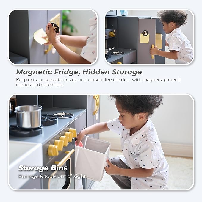 Teamson Kids Little Chef Colonie Play Kitchen for Kids, Gray – 2-Piece Pretend Kitchen Set with Ice Dispenser, Coffee Maker, Farmhouse Sink & Storage, Modern Wooden Toy for Toddlers & Girls Boys