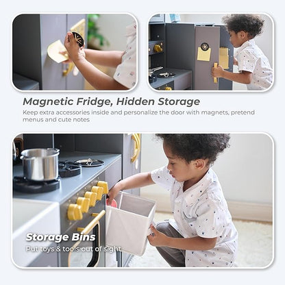 Teamson Kids Little Chef Colonie Play Kitchen for Kids, Gray – 2-Piece Pretend Kitchen Set with Ice Dispenser, Coffee Maker, Farmhouse Sink & Storage, Modern Wooden Toy for Toddlers & Girls Boys