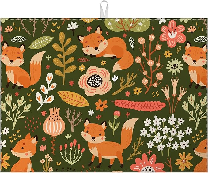Cute Fox Dish Drying Mat for Kitchen Counter Animals Drying Pad Absorbent