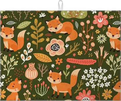Cute Fox Dish Drying Mat for Kitchen Counter Animals Drying Pad Absorbent
