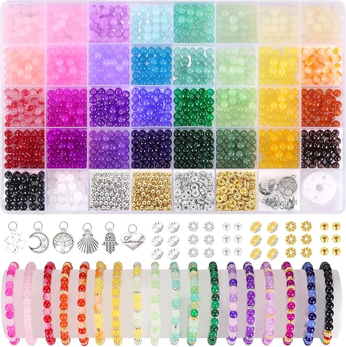 1368pcs 6mm Glass Beads for Bracelets, 34 Colors Crystal Beads for Jewelry Making, Funtopia Round Glass Beads for DIY Earrings Necklace Crafts with Spacer Beads and Charms, Solid and Gradient Colors