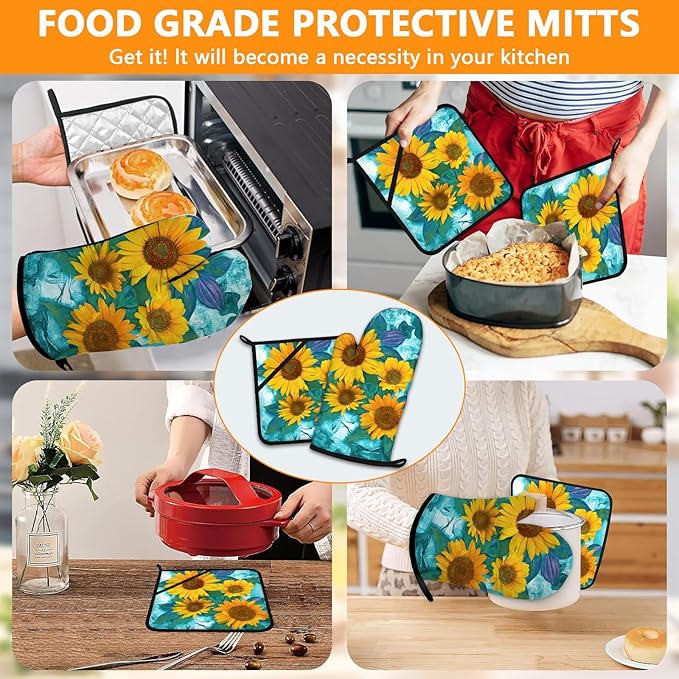 Sunflower Oven Mitts and Pot Holders Sets 4Pcs, Extra Long Oven Gloves Potholder