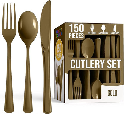 Party Solids Gold Plastic Silverware Heavy Duty 150 Pieces Gold Plastic Cutlery Sets, Utensil Sets, 50 Of Each Forks, Knives & Spoons Disposable Cutlery Set, Flatware Set For Party Supplies