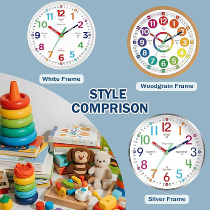 Wall Clock for Kids Learning to Tell Time Analog Non Ticking Battery Operated Kids Small Teaching Clock Silent Colorful Teaching Time Clock for Kids Room Classroom School（8 Inch）