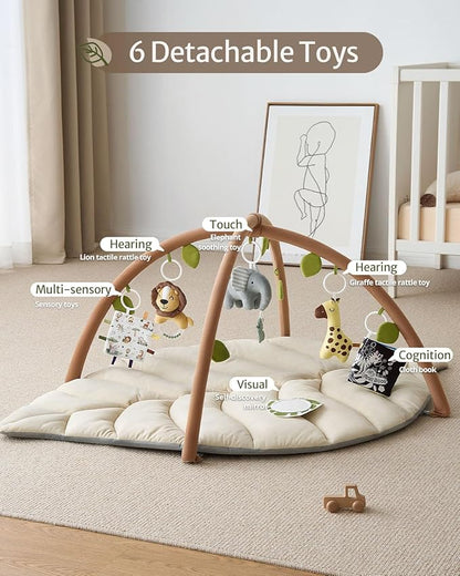 Blissful Diary Baby Play Gym & Activity Mat, Leaf Shaped Baby Tummy Time Play Mat with 6 Detachable Toys, Promotes Motor Skills & Sensory Development, Newborn Baby Essentials Gift, Oatmeal Beige