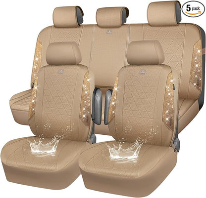 CAR PASS Beige Oxford Bling Diamond Car Seat Covers Full Set Interior Sets, Waterproof Shining Glitter Sparkly Crystal Universal Armrest Fit 95% Automotive Truck SUV Cute Women Girl, Beige Rhinestone