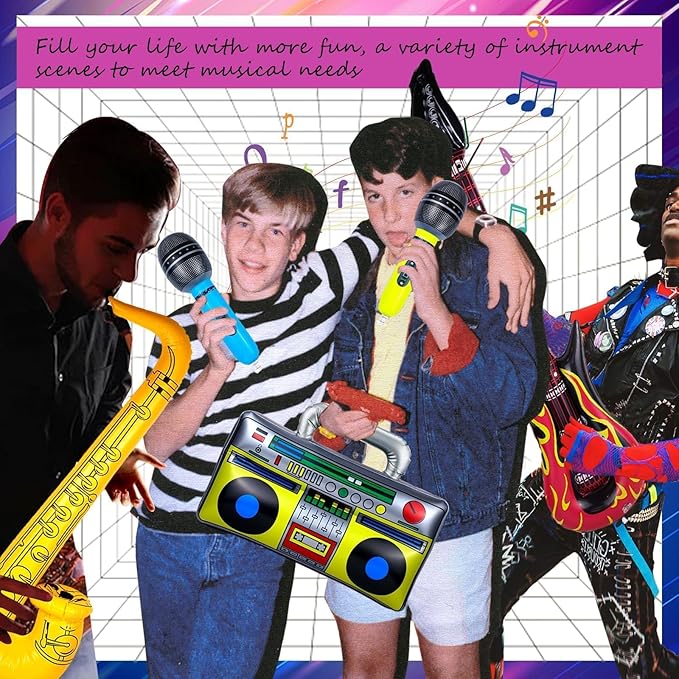 10pcs Inflatable Instruments Party Props Rock Star Toy Set Inflatable Saxophone Bass Rock Microphone Rock Electric Guitar Recorder Suitable for Various Music Parties(Versatile Style)